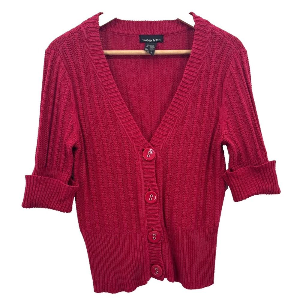 VTG Y2K Womens Medium Cardigan Chunky Button Cotton 3/4 Sleeve Retro 90s Preppy